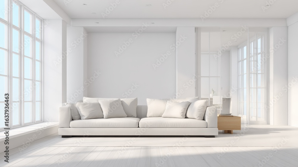 Fototapeta premium Bright Contemporary Living Room with White Sofa and Natural Light from Large Windows, Minimalist Interior Design
