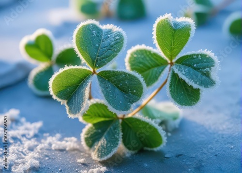 Frozen green clover leaves with icy coating