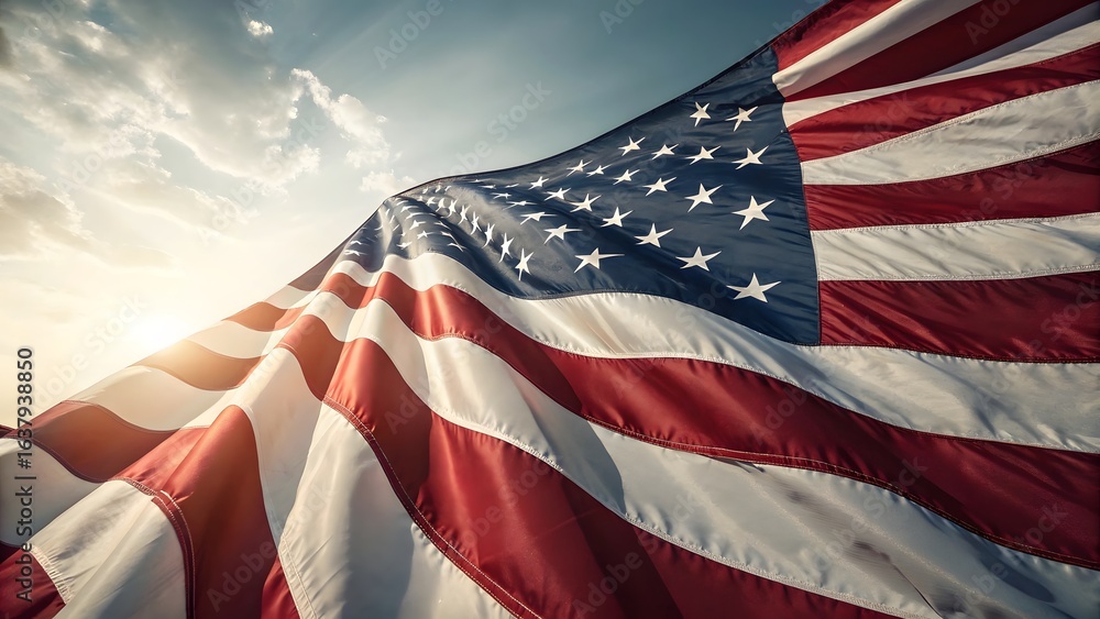 Obraz premium American flag waving in the sunlit sky