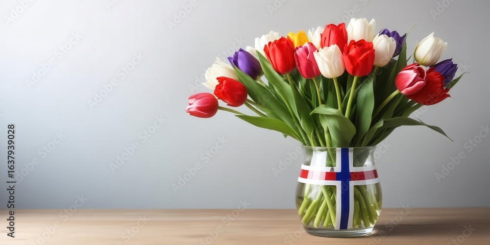 Fototapeta premium A bouquet of colorful tulips arranged in a vase with a subtle design of the Norwegian flag