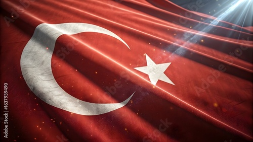 Close up of the turkish flag with a bright light shining on it