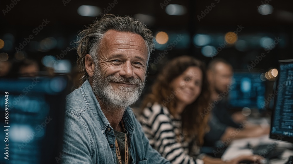 Fototapeta premium Smiling older man at computer, office setting, coworkers visible