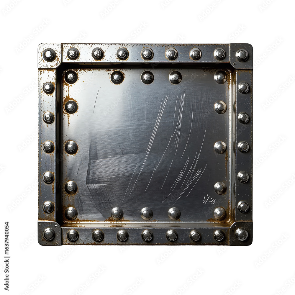 Fototapeta premium a rusted, riveted metal plate with a darkly reflective surface displaying subtle scratches and a faint signature in the lower right corner.