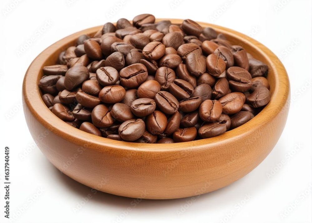 Fototapeta premium Freshly brewed coffee beans in a shallow wooden bowl on a white background