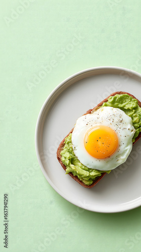 Fried egg on a white plate with avocado 