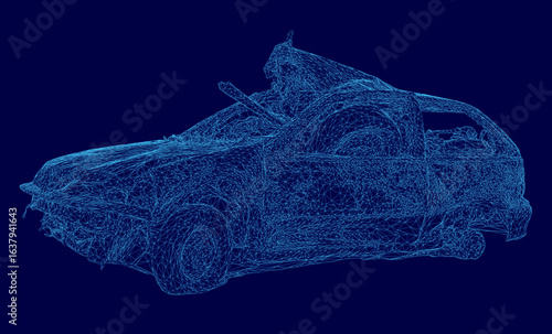 A blue wireframe car appears destroyed with fragmented sections, floating on a dark blue abstract background. The digital 3D model showcases intricate geometric details and a futuristic aesthetic.