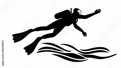 Silhouette of a scuba diver with diving gear swimming over waves in a black and white illustration style