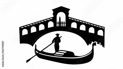 Silhouette of a gondolier in a gondola under a bridge with arches on a white background is shown here