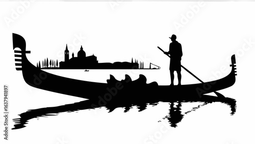 Silhouette of a gondola with a gondolier and venice skyline reflected in the water in black and white