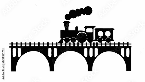 Silhouette of a steam train on a bridge with arches and smoke coming from the chimney in black color