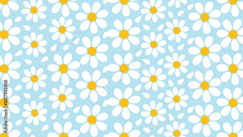 Seamless pattern of white daisies with yellow centers scattered on a light blue background creating a floral design