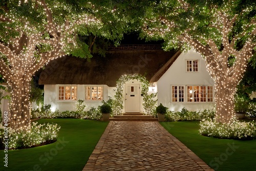 Wallpaper Mural Charming cottage home illuminated with twinkling Christmas lights at night. Torontodigital.ca