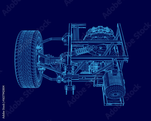 Blueprint of a car's suspension system with detailed wireframe components on a blue background. The drive unit and module are clearly labeled, showcasing the intricate engineering design.