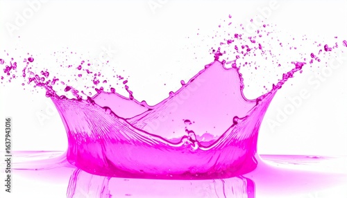 A Dynamic splash of pink liquid with droplets, captured mid-motion against a white background