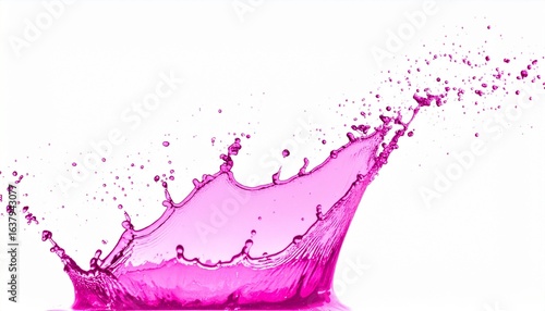 A Dynamic splash of pink liquid with droplets, captured mid-motion against a white background