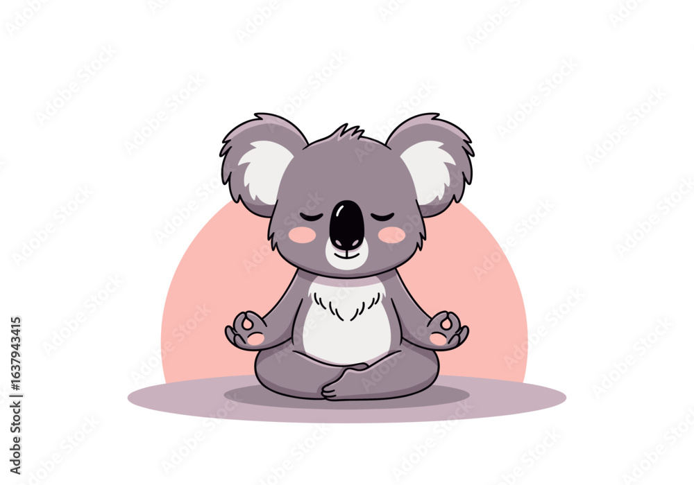Obraz premium Cute cartoon koala meditating peacefully in lotus pose with eyes closed and soft pink background