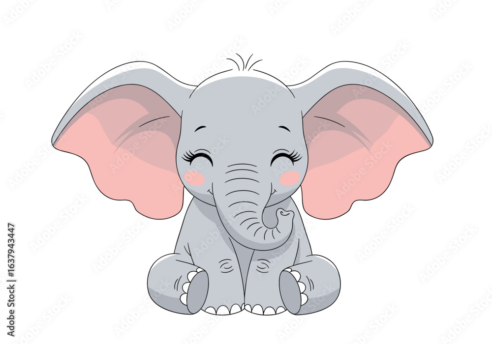 Fototapeta premium Adorable baby elephant with big pink ears smiling sweetly for a close up portrait