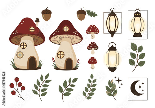 Enchanting woodland mushroom houses and forest elements for whimsical designs