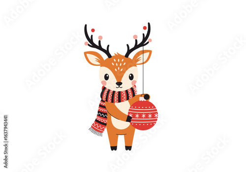 Cute cartoon reindeer with festive scarf and christmas ornament celebrating winter holidays