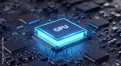 Glowing Blue GPU Chip on Circuit Board Close-Up