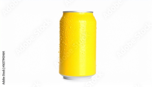 Yellow soda can with water droplets and a splash on the right, isolated on a white background