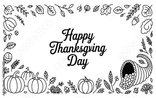 Happy Thanksgiving Day outline with border of autumn elements