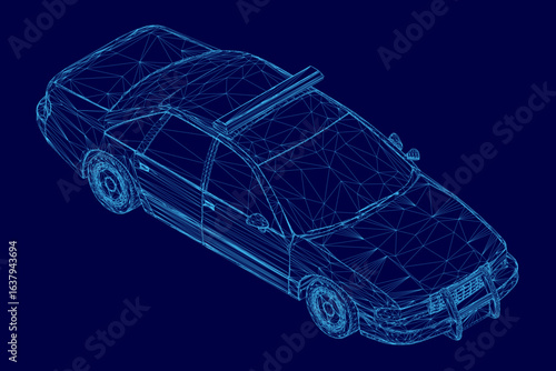 A low poly wireframe police car model with geometric edges and angular design, rendered in blue tones on a solid background. The digital 3D illustration features clean lines and a futuristic.