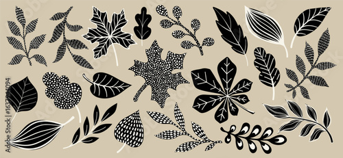 Black and white hand-drawn botanical leaves collection, doodle style foliage set, decorative floral elements, modern minimal line art plants and branches isolated on beige background