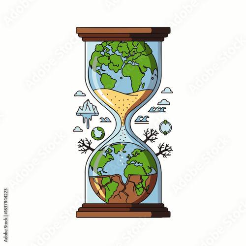 This impactful illustration depicts Earth within an hourglass, powerfully symbolizing the urgent global environmental crisis and the finite time remaining for action.