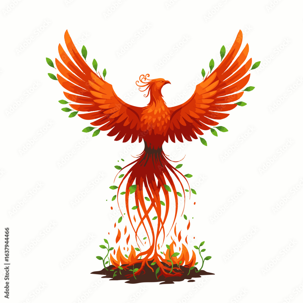 Fototapeta premium A majestic orange phoenix, a mythical symbol of rebirth and renewal, gracefully rises from vibrant flames with lush green foliage.