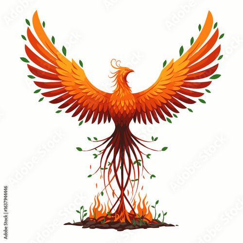 A vibrant orange and red phoenix, symbolizing powerful rebirth and transformation, majestically spreads its wings, rising from glowing embers.
