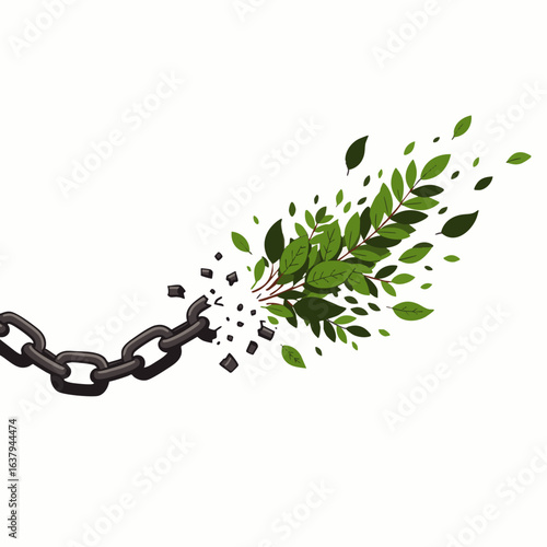 A powerful visual metaphor depicts a sturdy metal chain shattering into vibrant green leaves, symbolizing liberation, growth, and environmental transformation.