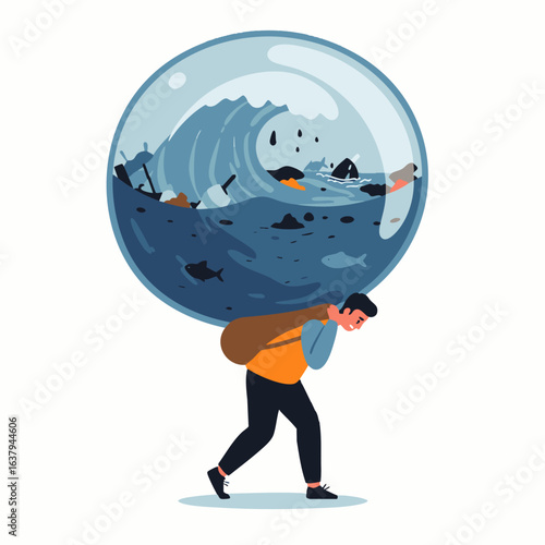 A man carries a heavy globe of polluted water and trash, powerfully symbolizing the immense global burden of environmental degradation, climate change, and humanity's impact.