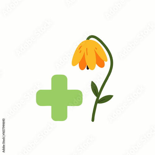 A vibrant green cross stands beside a drooping yellow flower, symbolizing the crucial need for care and support to restore health and vitality.