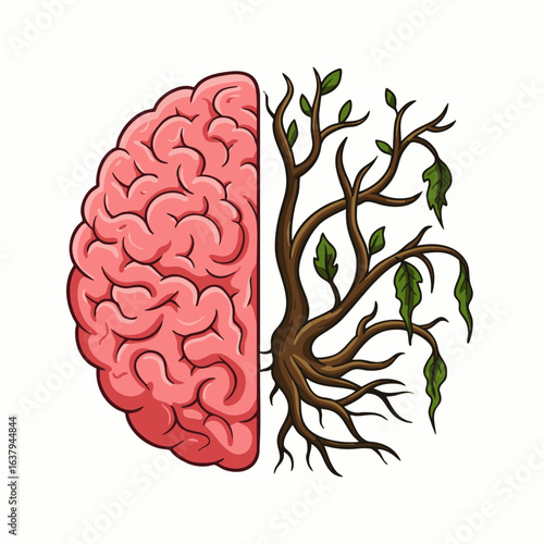 This insightful illustration beautifully merges the human brain with a flourishing tree, symbolizing the profound connection between thought, growth, and natural wisdom.