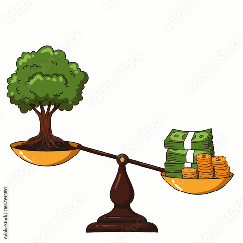 A balance scale illustrates the critical societal dilemma of weighing environmental preservation, symbolized by a green tree, against the pursuit of wealth.