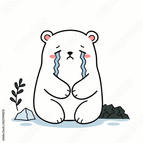 A charmingly illustrated cartoon polar bear sits forlornly, shedding tears, embodying deep sadness and a poignant reflection on environmental challenges.