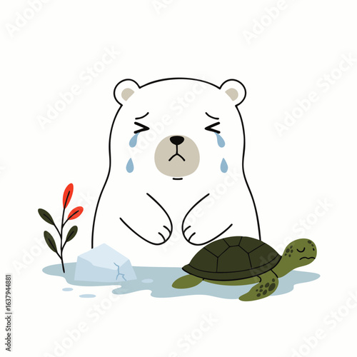 A heartbroken polar bear and a despondent sea turtle lament the devastating effects of climate change and melting ice on their fragile habitats.