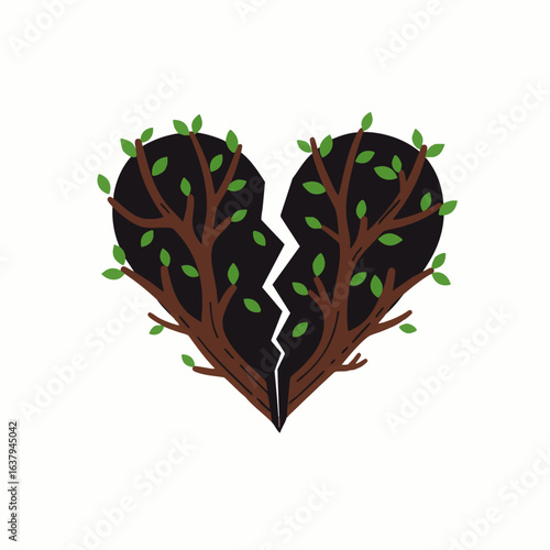 A symbolic illustration of a broken heart formed by two tree halves, representing environmental damage or a fractured connection with nature.