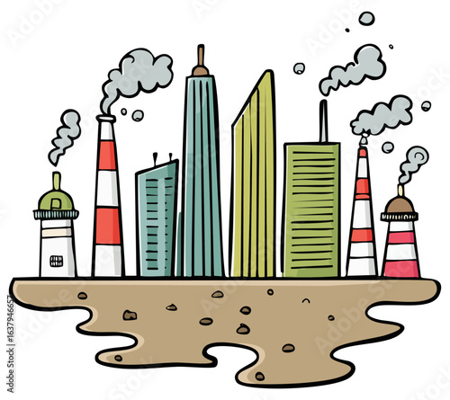 City with tall buildings and factories with air pollution. Cartoon vector clipart illustration