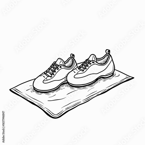 Pair of climbing shoes placed on a mat in a minimalist style  