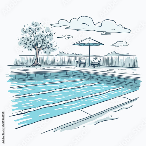 Poolside scene with tree, umbrella, and lounge chairs in summer  
