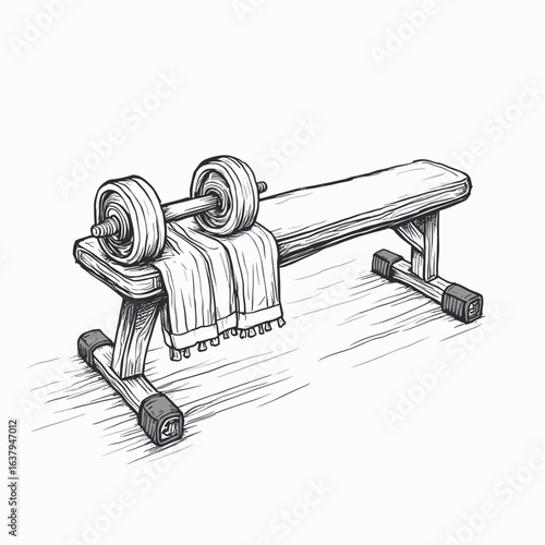 Dumbbells and towel placed on wooden bench in gym setting  