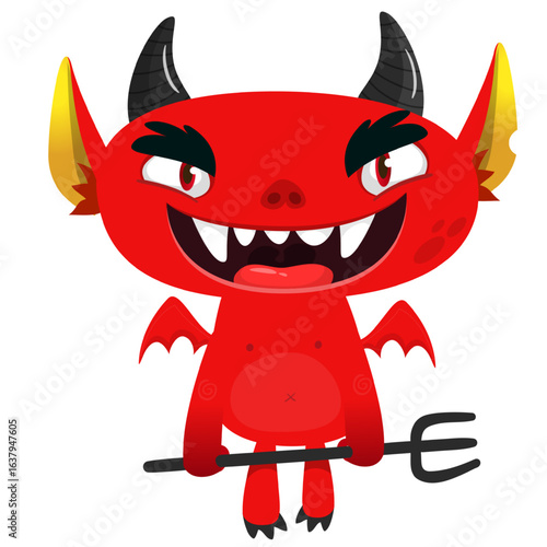 Cartoon funny red devil character design holding fork trident with long tail. Halloween vector illustration isolated