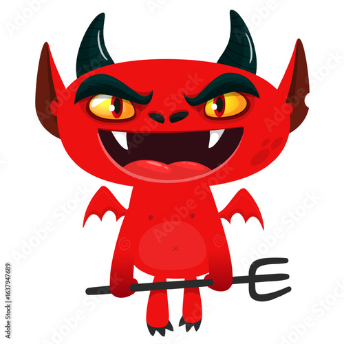 Cartoon funny red devil character design holding fork trident with long tail. Halloween vector illustration isolated