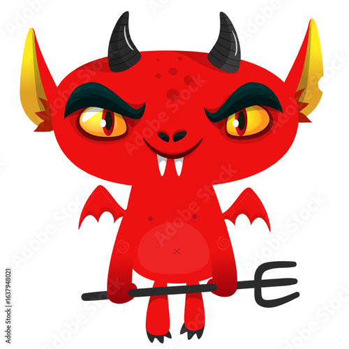 Cartoon funny red devil character design holding fork trident with long tail. Halloween vector illustration isolated
