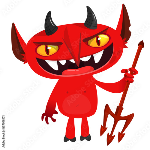 Cartoon funny red devil character design holding fork trident with long tail. Halloween vector illustration isolated