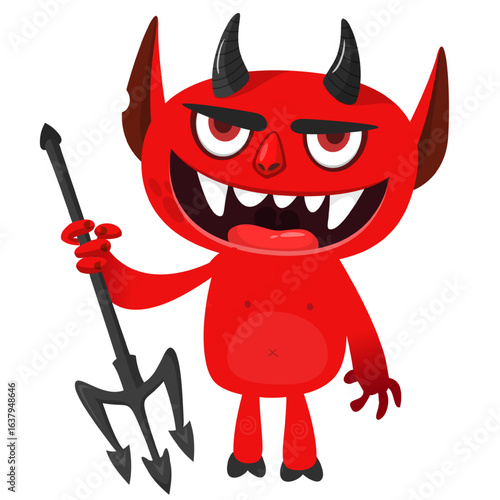 Cartoon funny red devil character design holding fork trident with long tail. Halloween vector illustration isolated