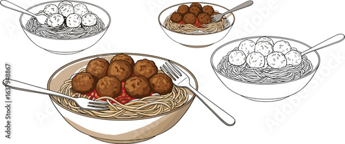 Spaghetti and meatballs vector set, colored and black silhouette bowls, tomato slices, forks in pasta, food illustration collection