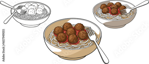 Spaghetti and meatballs vector set, colored and silhouette bowls, tomato sauce, fork in pasta, food illustration for design use